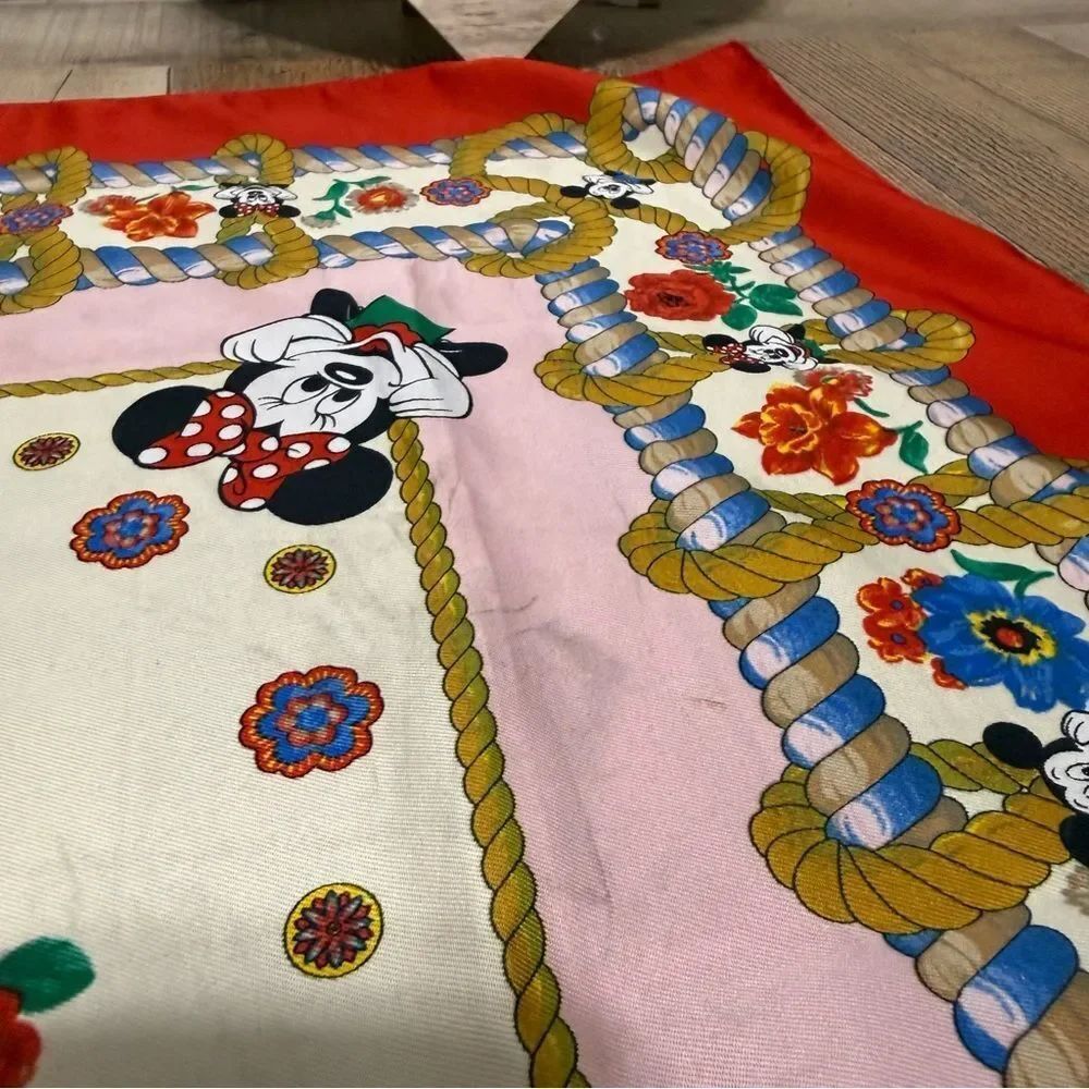 DISNEY PARKS PARIS SCARF 35" x 33” Disneyland Mickey Minnie Ropes Floral - Picture 4 of 10